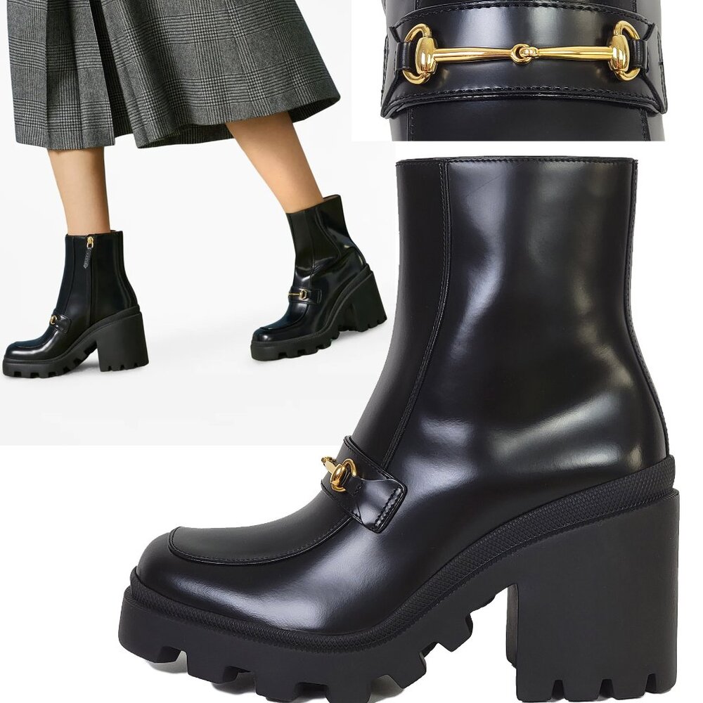 GUCCI BOOTS HORSEBIT BLACK LEATHER ANKLE BOOTIES BLOCK HEEL